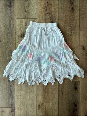 Vintage 80s Floral Embroidered Lattice Lace Skirt Set Pastel Cutout OS